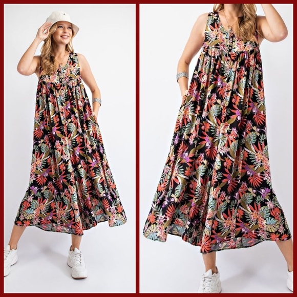 EASEL "Tropical Vibes" Lightweight & Oversized V-Neck Sleeveless Romper Jumpsuit - Picture 6 of 16